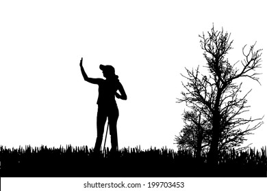 Vector silhouette of people with nordic walking in nature.