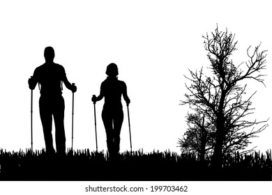 Vector silhouette of people with nordic walking in nature.