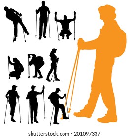 Vector silhouette of people with nordic walking.