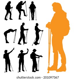 Vector silhouette of people with nordic walking.