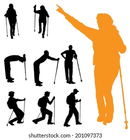 Vector silhouette of people with nordic walking.