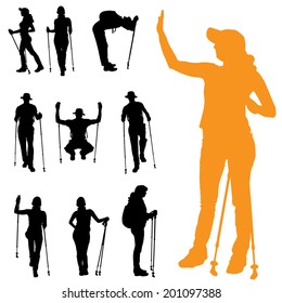 Vector silhouette of people with nordic walking.