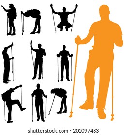 Vector silhouette of people with nordic walking.