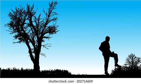Vector silhouette of people with nordic walking in nature.