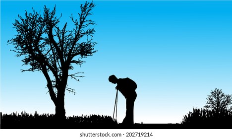Vector silhouette of people with nordic walking in nature.