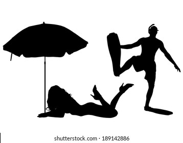 Vector silhouette of people on the beach.