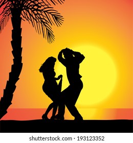 Vector silhouette of people on a beach at sunset.