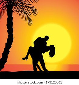 Vector silhouette of people on a beach at sunset.