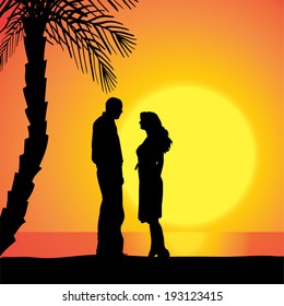 Vector silhouette of people on a beach at sunset.