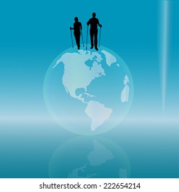 Vector silhouette of a people on the globe.