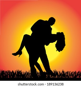 Vector silhouette of people  on a orange background.