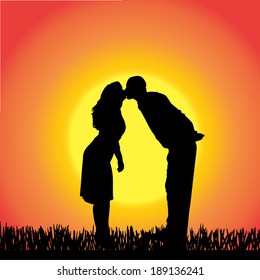 Vector silhouette of people  on a orange background.