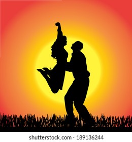 Vector silhouette of people  on a orange background.