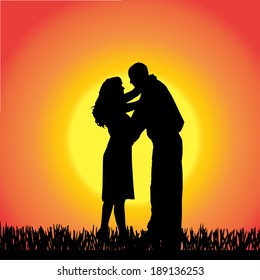 Vector silhouette of people  on a orange background.