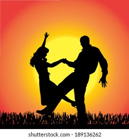 Vector silhouette of people  on a orange background.