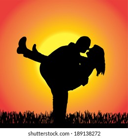 Vector silhouette of people  on a orange background.