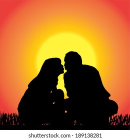 Vector silhouette of people  on a orange background.
