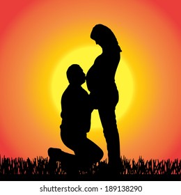 Vector silhouette of people  on a orange background.