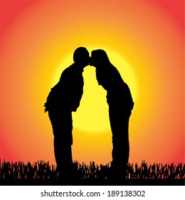 Vector silhouette of people  on a orange background.