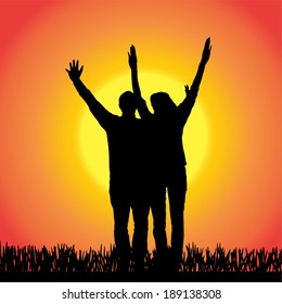 Vector silhouette of people  on a orange background.