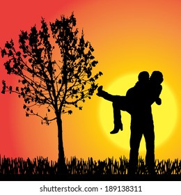 Vector silhouette of people  on a orange background.