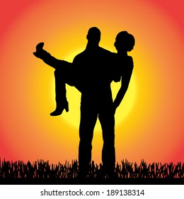 Vector silhouette of people  on a orange background.