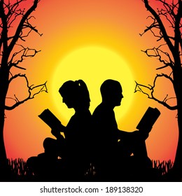 Vector silhouette of people  on a orange background.
