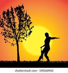 Vector silhouette of people on a orange background.