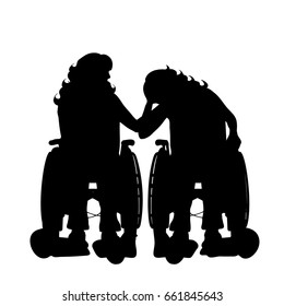 Vector silhouette of people on wheelchair on white background.
