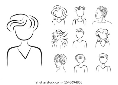 Vector silhouette of people on white background. Symbol of girl, boy, man, woman, couple, hairstyle, logo.