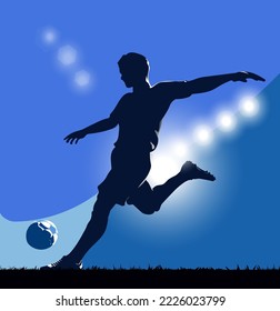 vector silhouette of people playing soccer, on a blue background and floodlights like in a stadium, perfect for football club logos, and football-related activities