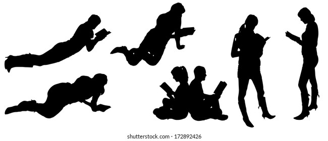 vector silhouette of people reading