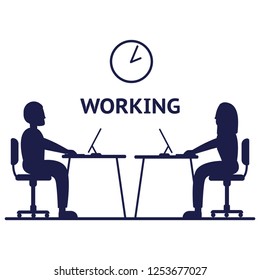 Vector silhouette of a people sitting at a computer on a white background. Icon vector illustration