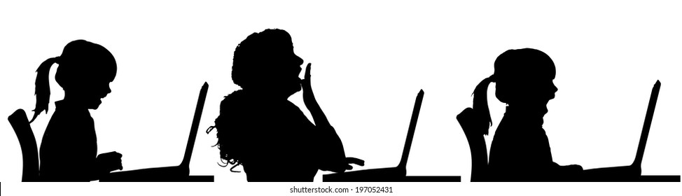 Vector silhouette of a people sitting at a computer on a white background.