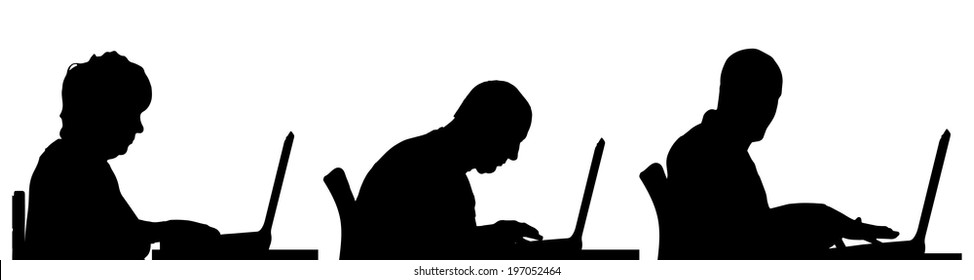Vector silhouette of a people sitting at a computer on a white background.