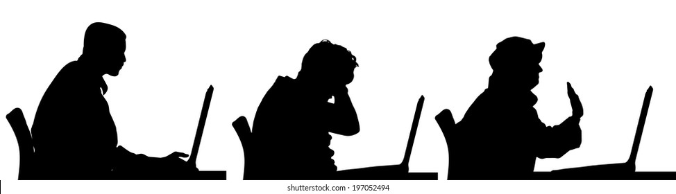 Vector silhouette of a people sitting at a computer on a white background.