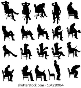 Vector silhouette of people sitting on a white background.