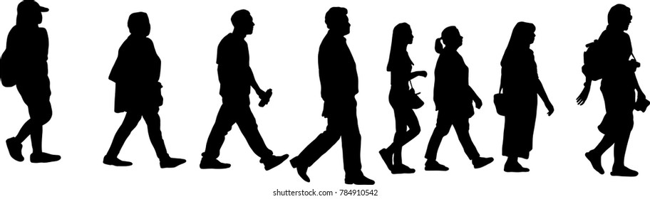 Vector silhouette of silhouette people standing in line against white background. Vector image