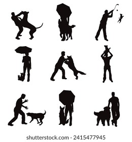 Vector silhouette of a people with their dog on a white background. Collection of different breeds an situations.