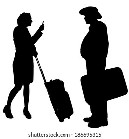 Vector silhouette of a people with a trunk on a white background.