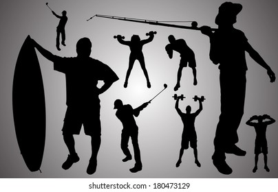 Vector silhouette of people in various sports. 