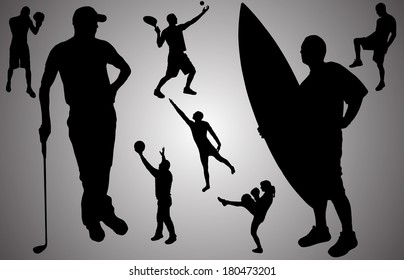 Vector silhouette of people in various sports. 