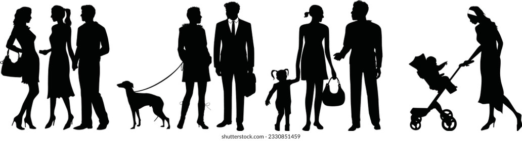 vector silhouette of people walking street pet white background