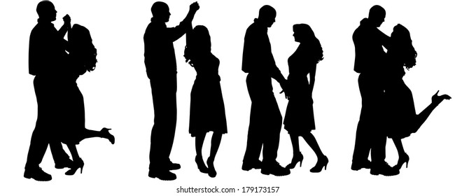Vector silhouette of people who dance on a white background. 
