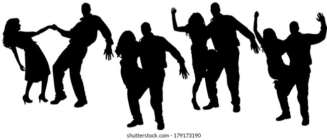 Vector silhouette of people who dance on a white background. 