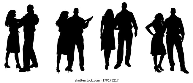 Vector silhouette of people who dance on a white background. 