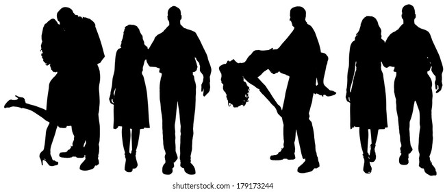 Vector silhouette of people who dance on a white background. 