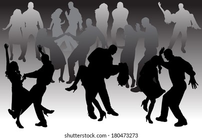 Vector silhouette of people who dance on a gray background. 