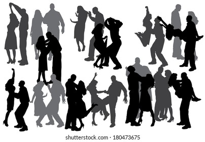 Vector silhouette of people who dance on a gray background. 