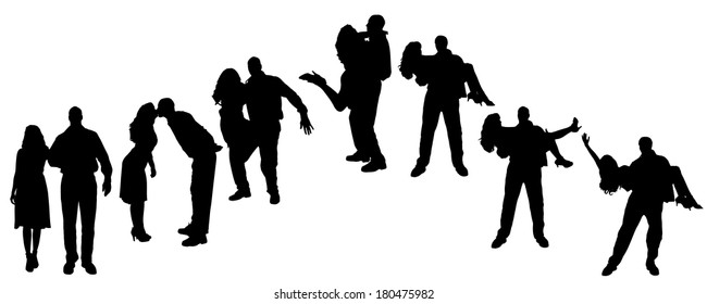 Vector silhouette of people who dance on a white background. 